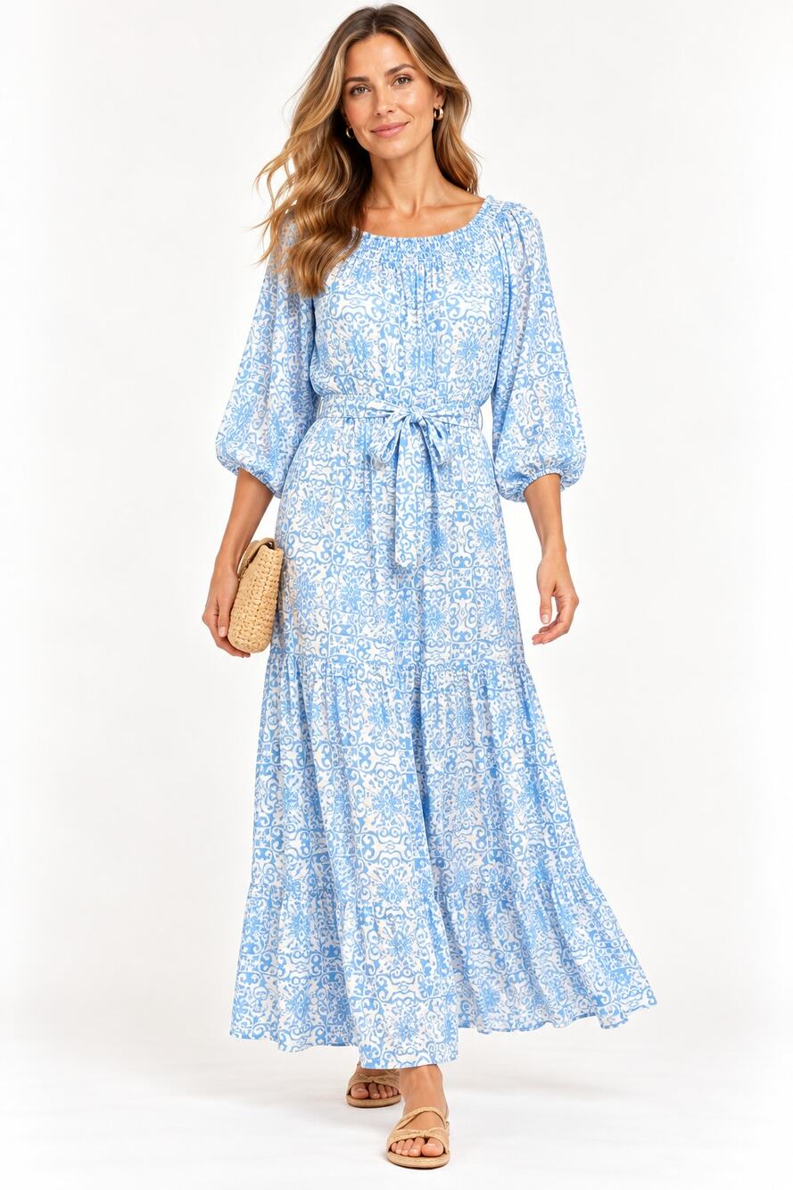 Melissa Odabash Carmen Maxi Dress M NWT Blue White Smocked Resort Vacation $390